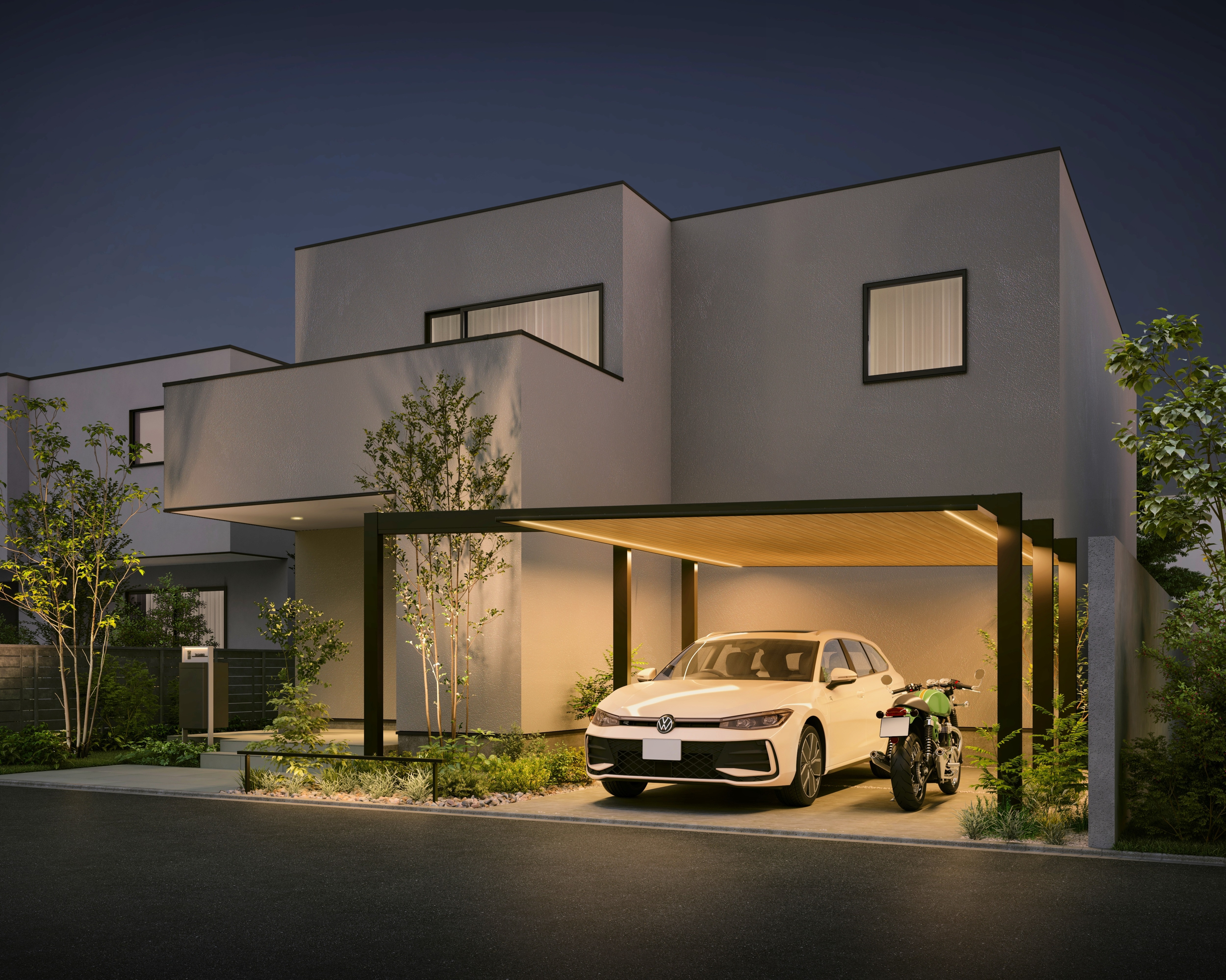 モダンなデザインのガレージ、スタイリッシュなフェンスと門扉、機能的な物置とカーポートを示す複合イメージ。